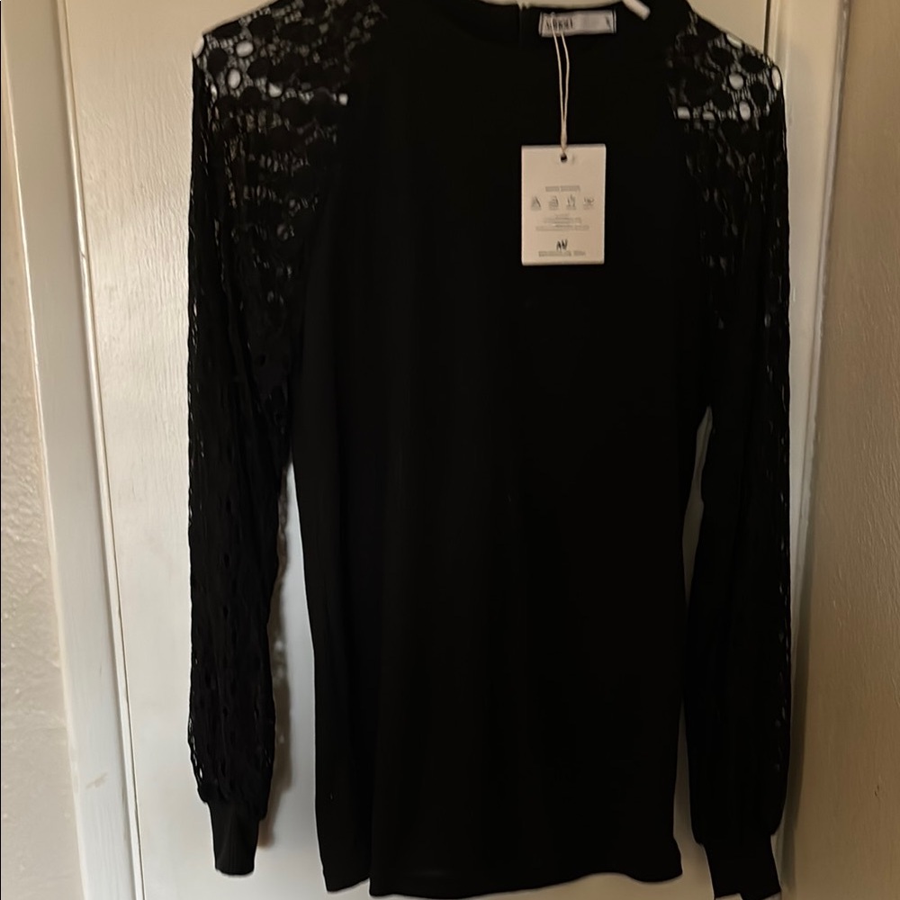 Miholl Crew Neck Long Sleeve lace sleeve top